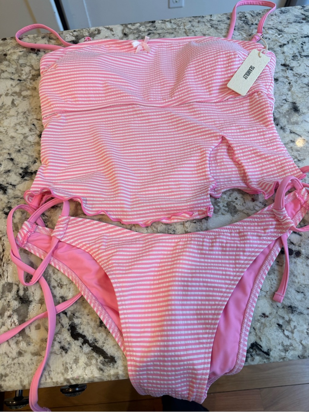 Seersucker Pink Striped Tankini & Tie-Side Bikini - Women's Swim Set